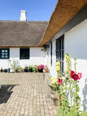a white house with flowers in front of it at Historic House With Fjord View On Venø in Vemb