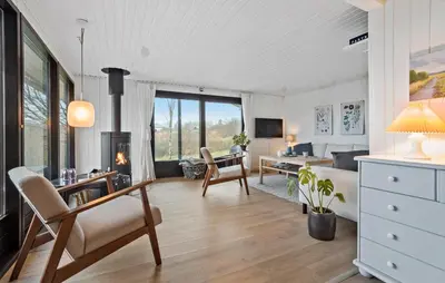 a living room with a couch and a desk with a fireplace at Amazing Home In Spøttrup With Wifi in Lihme