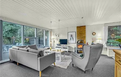 a living room with a couch and chairs and a tv at Two-Bedroom Holiday Home Nibe With A Fireplace 06 in Nibe
