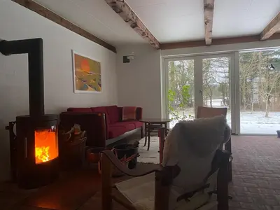 a living room with a fireplace and a couch at Unique location in Thy in Thisted