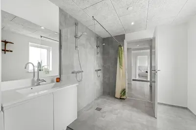 a bathroom with a shower and a sink at Pool House With Activity Room, Built In 2020, With A View Of The North Sea in Nørre Vorupør