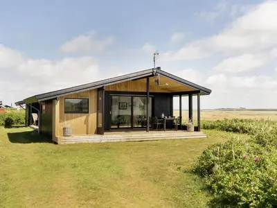 a small wooden house on a grass field at Holiday Home Waghn - 250m from the sea by Interhome in Harboør