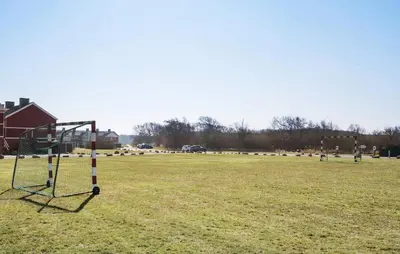 a goal in a field with a group of sheep at Cozy Apartment In Lemvig With Sauna in Lemvig