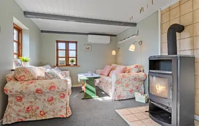 a living room with two couches and a wood stove at Nice Home In Farsø With Wifi in Farsø