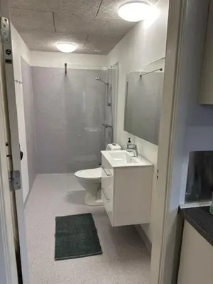 a bathroom with a toilet and a sink and a shower at Struer Festcenter - Vest Bowl lejlighed 2 Bredgade 62 A in Struer
