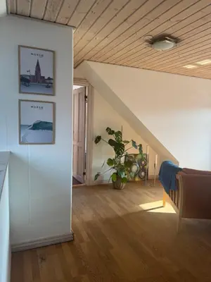 a room with a staircase and a couch and a plant at Svane's Air-bnb in Nykøbing Mors