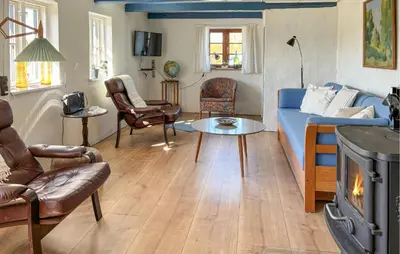 a living room with a blue couch and a fireplace at 1 Bedroom Gorgeous Home In Spøttrup in Spottrup