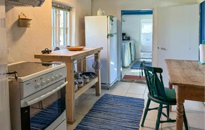 a kitchen with a stove and a table and a refrigerator at 1 Bedroom Gorgeous Home In Spøttrup in Spottrup