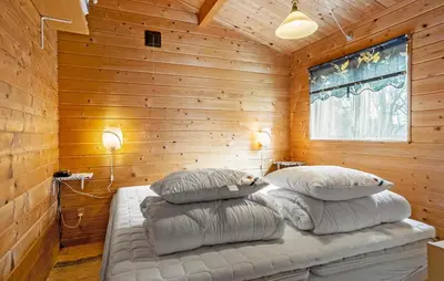 a bed in a wooden room with four pillows at 3 Bedroom Stunning Home In Spøttrup in Spottrup