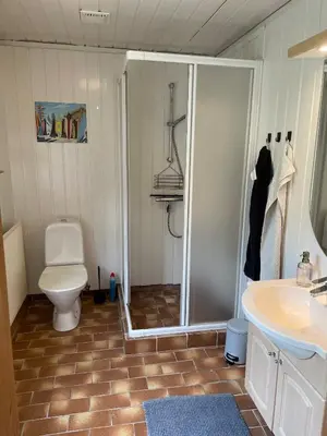 a bathroom with a shower and a toilet and a sink at Surfreservatet i Nationalpark Thy in Hanstholm