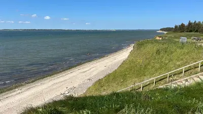 a sandy beach next to a body of water at Bright Nordic Loft Apartment in Spottrup