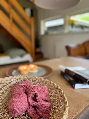 a pink yarn bow sitting on top of a table at Hidden Gem By Thy National Park