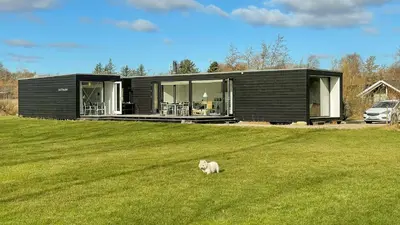 a black house with a dog standing in the grass at Modern Holiday Home By Limfjord in Øster Assels