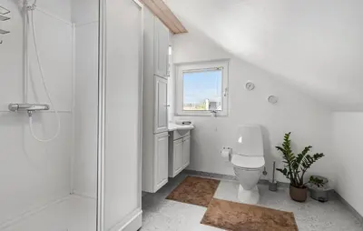 a white bathroom with a toilet and a shower at Awesome Home In Vestervig With Sauna in Vestervig