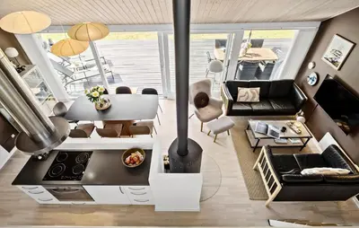 an aerial view of a kitchen and living room at Gorgeous Home In Brovst With Sauna in Brovst