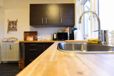 a kitchen with a stainless steel sink and black cabinets at Lejlighed i Holstebro gågade in Holstebro