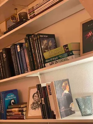 a book shelf filled with books and other books at Cozy big apartment in Blokhus