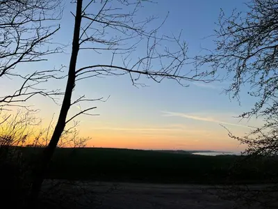 a sunset view of a field with a tree at Cozy Wagon House With Views Over The Limfjord in Roslev