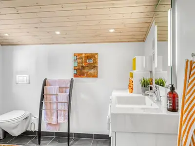 a bathroom with a sink and a toilet at Holiday Home Rieke - 2km from the sea by Interhome in Blokhus