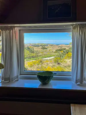 a window with a bowl on a table in front of it at Architect-Designed Holiday Home By Saltum Beach in Saltum