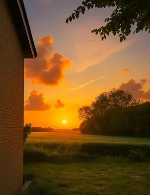 a sunset over a field with the sun in the sky at Guldmark in Lemvig