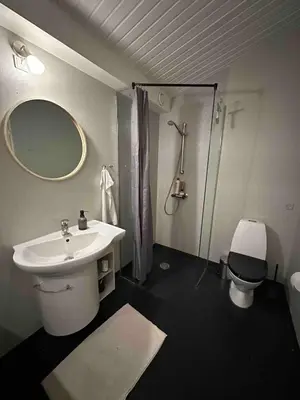 a bathroom with a sink and a shower and a toilet at Sjarmerende og hyggelig lite hjem in Holstebro
