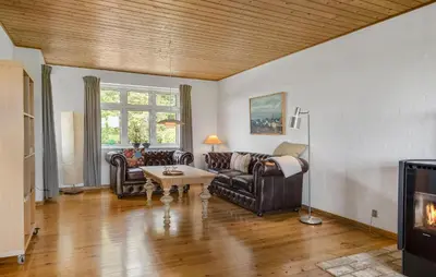 a living room with leather furniture and a fireplace at Stunning Home In Nykøbing M With Sauna in Alsted