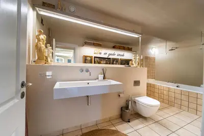 a bathroom with a sink and a toilet at Country House With Fjord Views At Harre Vig in Roslev