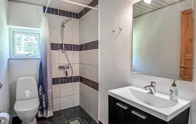 a bathroom with a sink and a toilet and a mirror at Beautiful Home In Højslev With Sauna in Højslev