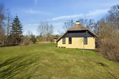 a small yellow house on a grass field at Astrup Vig Hideaway, Thatched Cottage with Shelter & Serenity in Roslev