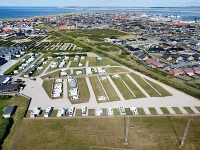 an aerial view of a parking lot with cars at 4 star holiday home in Thyborøn in Thyborøn