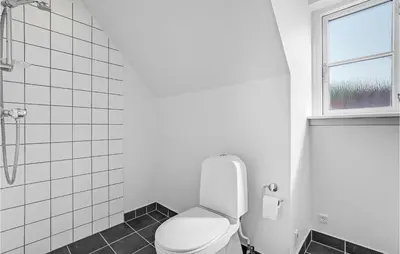 a white bathroom with a toilet and a window at Holiday Home Spøttrup - 04 in Spottrup