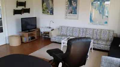 a living room with a couch and a television at Bed & Breakfast i Vorupør in Nørre Vorupør