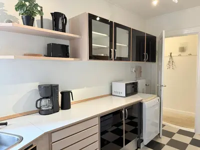 a kitchen with a counter top with a microwave at Cozy pearl downtown Viborg in Viborg