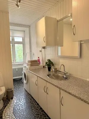 a bathroom with a sink and a washing machine at Cozy pearl downtown Viborg in Viborg
