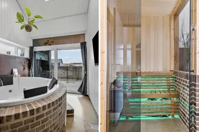 two images of a bathroom with a tub and a balcony at 1314-Thisted-Lyngbakken-14 in Thisted