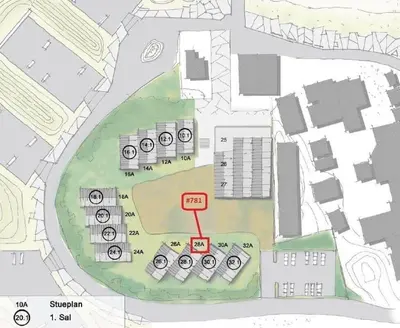 a drawing of a site plan with a red arrow at 781-Thisted-Havstokken-28-A in Thisted