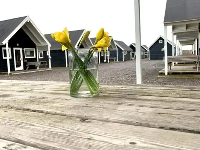a glass vase with yellow flowers sitting on a table at 4 star holiday home in Thyborøn in Thyborøn