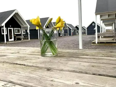 a glass vase with yellow flowers sitting on a table at 4 star holiday home in Thyborøn in Thyborøn