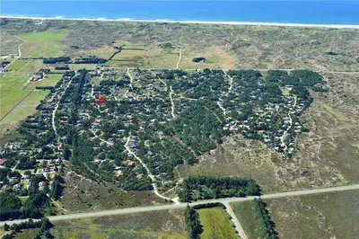 an aerial view of a village with trees and the ocean at 704-Thisted-Kristinesvej-54 in Thisted
