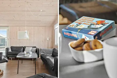 a living room with a pizza box and a bowl of doughnuts at 475-Thisted-Muslingevej-5 in Thisted