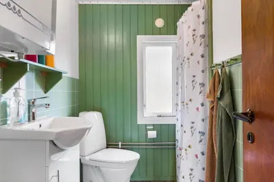 a green bathroom with a toilet and a sink at 114-Thisted-Tunvej-14 in Thisted