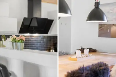 two images of a kitchen with a counter top and a room at 100-Thisted-Kapelvej-1 in Thisted