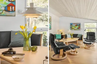 two pictures of a living room with a couch and a table at 589-Thisted-Klitrosevej-3 in Thisted