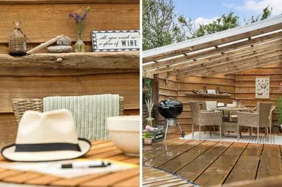 two pictures of a patio with a hat and a table at 269-Vestervig-Blishonevej-19 in Vestervig