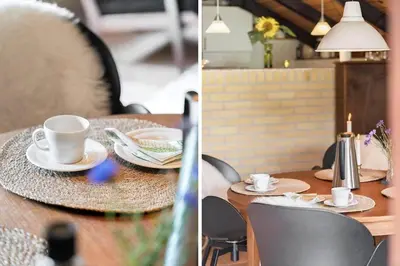 two pictures of a table with a cup of coffee on it at 510-Thisted-Egebaksandevej-10 in Thisted