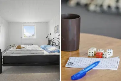 two pictures of a bedroom with a bed and a computer keyboard at 790-Thisted-Nordsovej-90 in Thisted