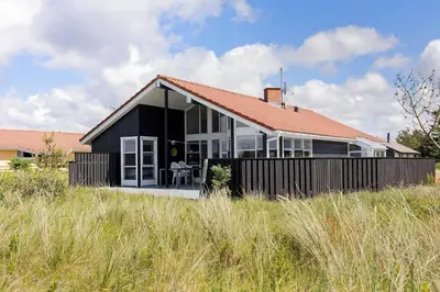a black house with a red roof in a field at 546-Thisted-Kuttervej-16 in Thisted