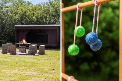 two pictures of a fire pit and balls hanging from a stick at 490-Snedsted-Niels-Juels-Vej-39 in Snedsted