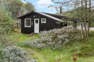 a black shed with a white door in a field at 645-Thisted-Blabaervej-4 in Thisted